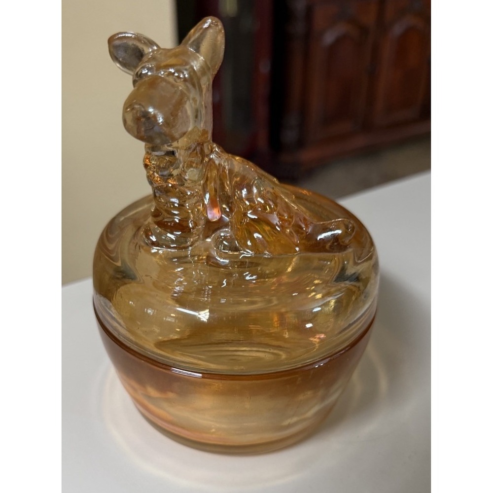Vintage Iridescent Marigold Jeanette‎ Glass Scottie Dog Powder Trinket Box 1950